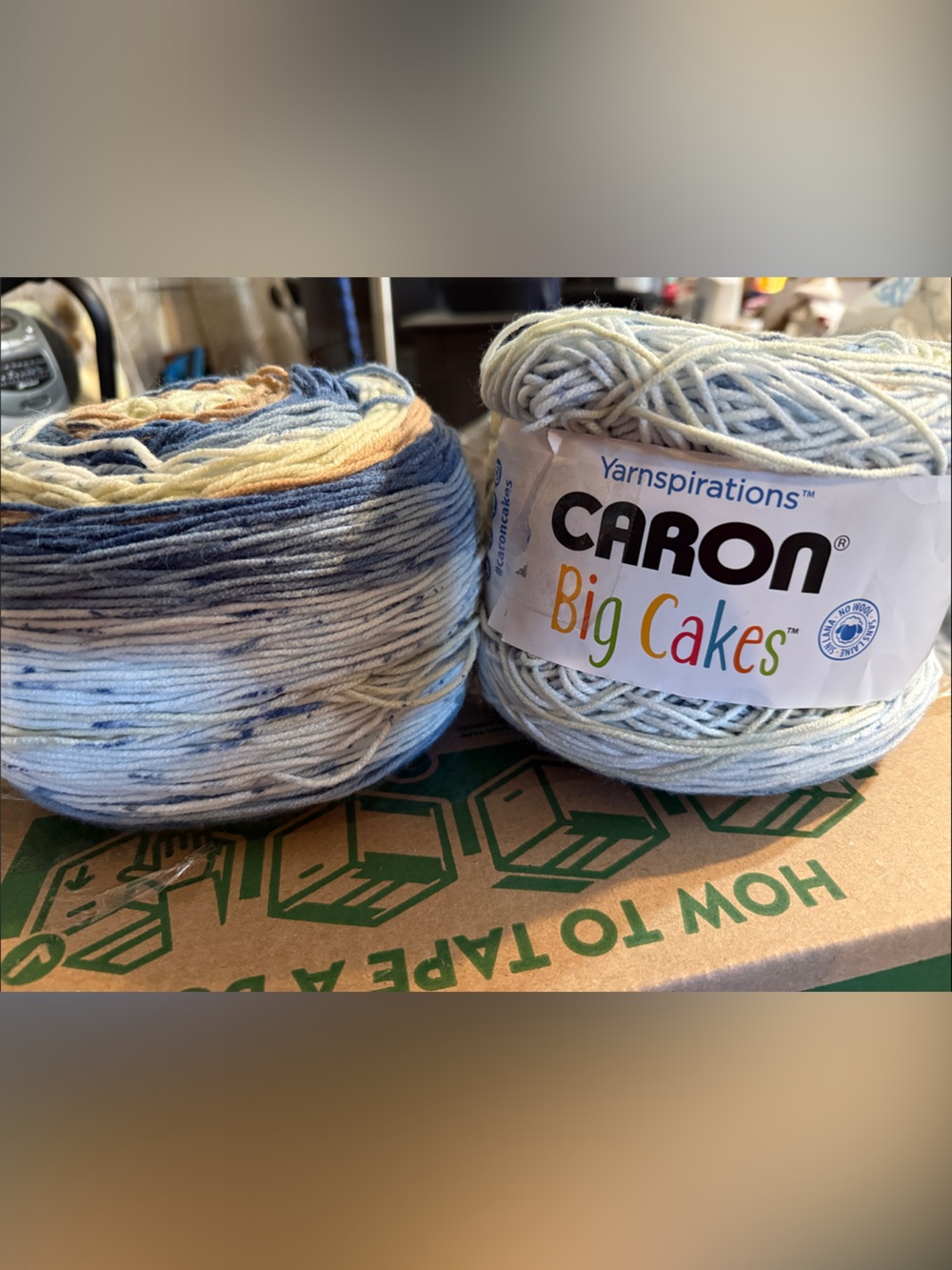 Caron Big Cakes Multicolor Cotton Blend Yarn - Blue & Cream. Set of 2
